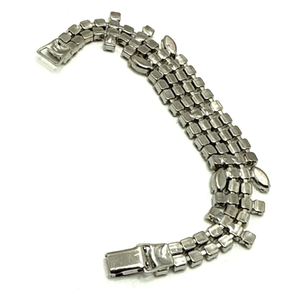 Vintage Clear Crystal Rhinestone Cocktail Bracelet Silver Tone Statement 7